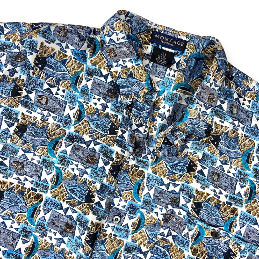 Montage Vintage 100% Silk Fish Print Button Front Shirt